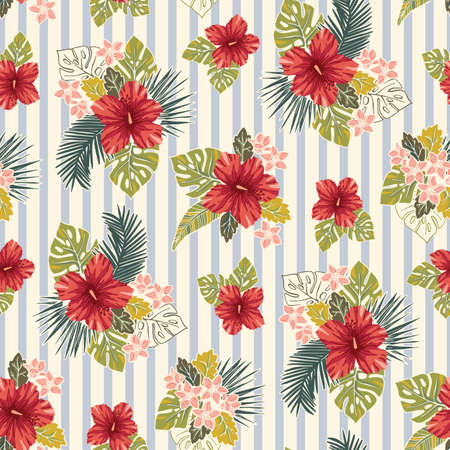 Retro Bold Colorful Tropical Exotic Foliage, Hibiscus Floral Vector Seamless Pattern. Blue and Cream Stripes Background.のイラスト素材