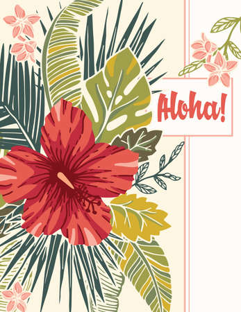 Retro Bold colorful Exotic Foliage and Hibiscus Flowers Vector Greeting Card. Vintage Lush Tropical Palm Leaves, Monstera and Blooms. Aloha. Summertimeのイラスト素材