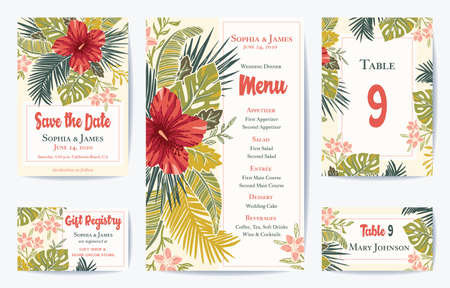 Vector Retro Vintage Bold Tropical Wedding Save the date, Menu, Placement Card Set. Exotic Lush Hibiscus Flowers and Palm Foliage. See my portfolio for matching Invitation, Thank you, RSVP Card Set.のイラスト素材