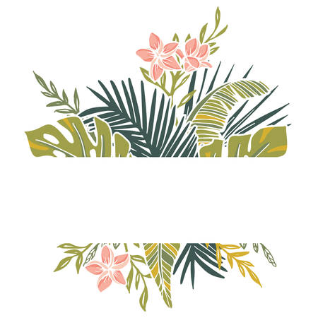 Retro Tropical Isolated Foliage and Frangipani Flowers Vector Frame. Hand Drawn Graphic Elements. Lush Palm, Monstera, Areca Leaves.のイラスト素材