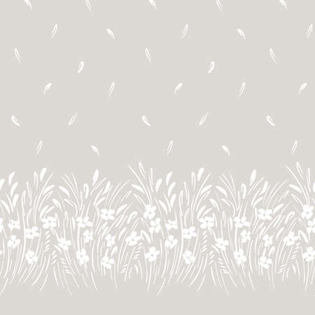 White monochrome abstract ditsy gestural floral vector seamless horizontal border and pattern. Blooms, foliage. Edge.のイラスト素材