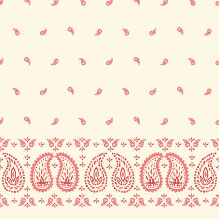 Traditional Coral Paisley Vector Seamless Horizontal Border and Pattern. Whimsical classic background. Monochrome Shawl print. Perfect for textileのイラスト素材