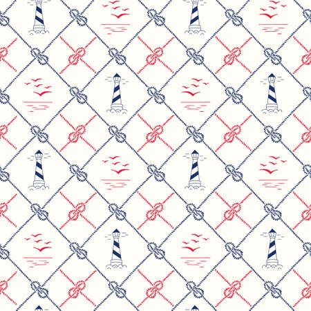 Hand-Drawn Diagonal Plaid with Sailing Ropes, Zeppelin Knots, Marine Landscape and Lightouses Vector...