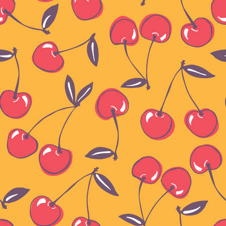 Whimsical hand-drawn doodle cherries vector seamless pattern background. Colorful Abstract Summer...