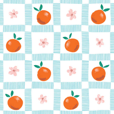 Hand Painted Colorful Abstract Oranges, Flowers and Leaves on Blue and White Plaid Background. Summer Citrus Fruits Vector Seamless Pattern. Fresh and Juicy Print.のイラスト素材