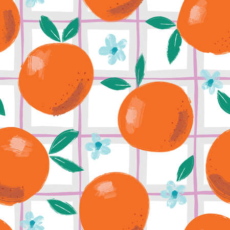 Hand Painted Colorful Abstract Oranges, Flowers and Leaves on Purple and Grey Plaid Background. Summer Citrus Fruits Vector Seamless Pattern. Fresh and Juicy Print.のイラスト素材