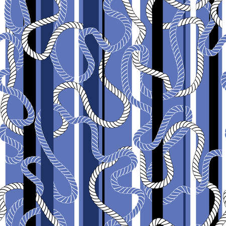 Intertwining Nautical Blue and White Ropes and Stripes Vector Seamless Pattern. Monochrome Blue Marine Background. Sea, Ocean Elements.のイラスト素材