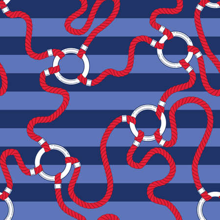 Intertwining Red Nautical Ropes and Chain Links on Blue Stripes Background Vector Seamless Pattern....