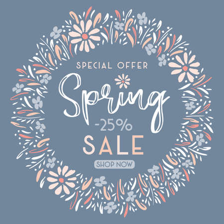 Elegant Hand-Painted Spring Sale Promotion Square Banner with Floral Wreath. Special Offer Social Media Graphics. Pastel Colored Delicate Daisy Flowers and Foliage on Grey Backgroundのイラスト素材