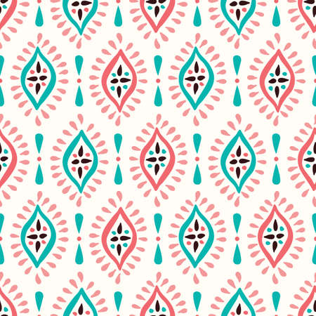 Colorful Boho Hand drawn Diamonds Vector Seamless Pattern. Aqua and Pink Elegant Ethnic Traditional Backgroundのイラスト素材