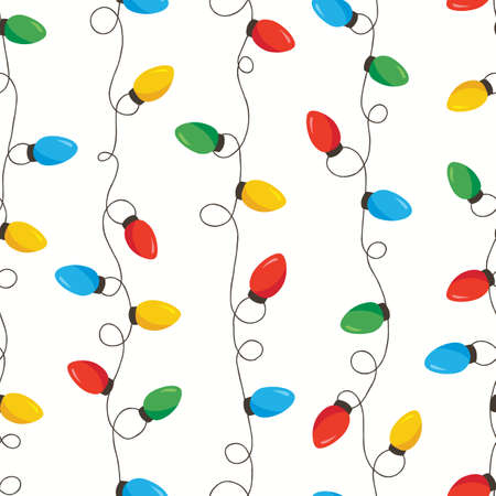 Colorful Bright Holiday and New Year Intertwined String Colorful Lights Forming Vertical Stripes on White Background Vector Seamless Pattern. Winter Festive Holiday Printのイラスト素材
