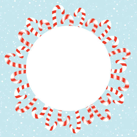 Colorful Red and White Holiday Christmas and New Year Candy Cane and Snowflakes Vector Round Frame Elementのイラスト素材