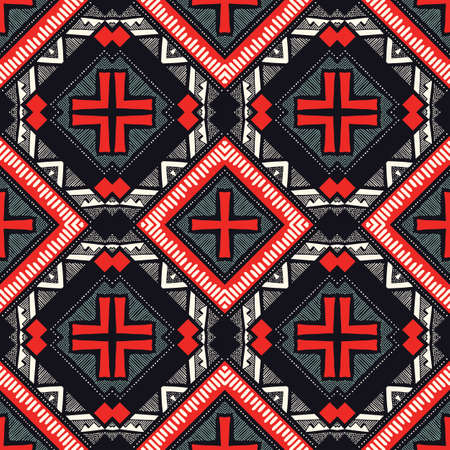Colorful Boho Hand Drawn Tribal African Diamonds and Zig-Zags Vector Seamless Pattern. Stylised...