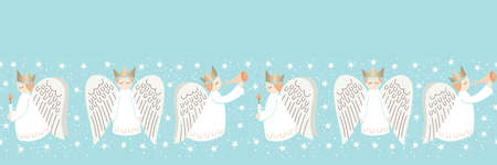 Cute Christmas Scandinavian Style Angels and Stars on Aqua Background Vector Seamless Horizontal Border Patternのイラスト素材