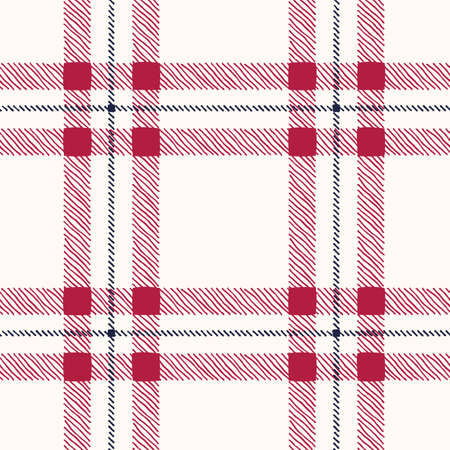 Classic Hand-Drawn Plaid Checks Blue and Red Plaid Checks on White Background Vector Seamless Patternのイラスト素材