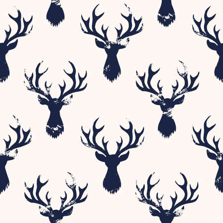 Hand-Stamped Dark Blue Textured Silhouettes of a Deer Head White Background Vector Seamless Patternのイラスト素材