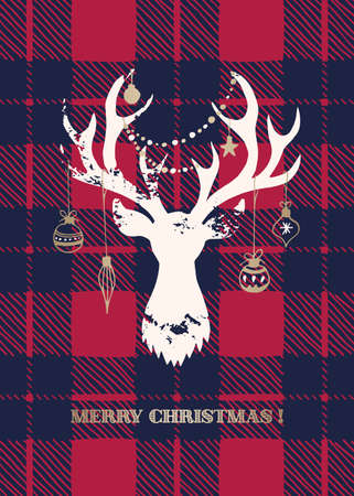 Christmas Card with a White Textured Silhouette of a Deer Head with Gold Hand-Drawn Baubles on Buffalo Checks Backgroundのイラスト素材