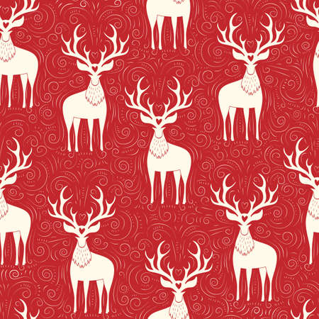 Winter Holidays Vector Seamless Pattern with Whte Deers, Hand-Drawn Doodle Swirls, Swashes on Christmas Red Backgroundのイラスト素材