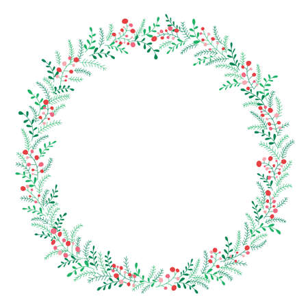 Hand Drawn Abstract Doodle Christmas Foliage, Red Holy Berries, White Background Vector Round Frame. Winter Holidaysのイラスト素材