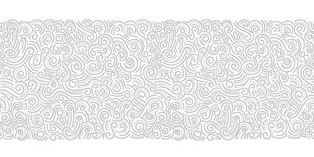 Gold Foil Hand Drawn Doodle Swirls, Swashes Vector Seamless Horizontal Pattern Border. Whimsical Decorative Backgroundのイラスト素材