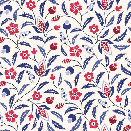 Blue and Red Traditional Chintz Floral Vector Seamless Pattern. Classic Backgroundのイラスト素材