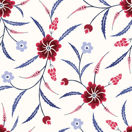 Blue and Red Traditional Chintz Floral Vector Seamless Pattern. Classic Backgroundのイラスト素材