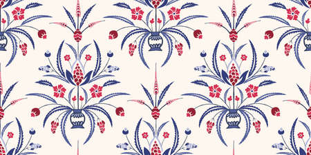 Blue and Red Traditional Damask Chintz Floral Vector Seamless Pattern. Classic Backgroundのイラスト素材