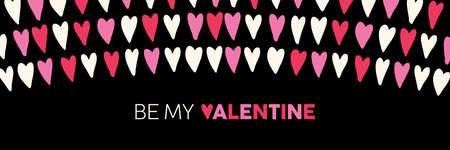 Be My Valentine Rectangular Banner with Half-Circle Hand-Drawn Pink and Read Hearts on Black Background. Cute Girly Feminine Romantic Printのイラスト素材