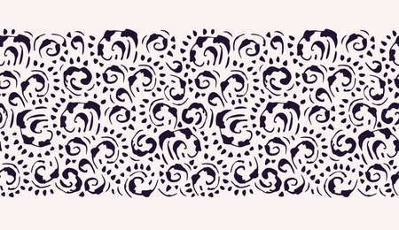 Hand-Drawn Black and White Vintage Swirls Vector Seamless Horizontal Pattern Border.のイラスト素材