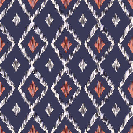 Hand-Drawn Indigo, Red and White Traditional Ikat Diamonds Vector Seamless Pattern. Modern Retro...