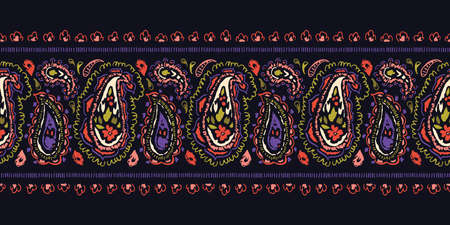 Hand-Drawn Artistic Ink Colorful Paisley Swirls Vector Seamless Horizontal Border. Trendy Boho Traditional Ethnic Fashion Print. Monochrome Line Painterly Doodle Folk Feminine Texture Backgroundのイラスト素材