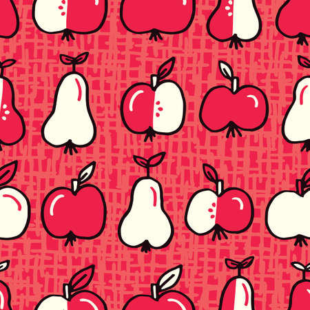 Cute Monochrome Red Hand Drawn Felt Tip Pen Fresh and Juicy Apple and Pears Fruits on White Vector Seamless Pattern. Healthy Food Design. Vintage Cute Fruits Fashion, Textile Packaging Printのイラスト素材