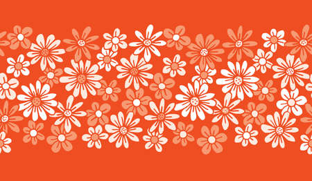 Monochrome Orange Hand Drawn Felt Tip Pen Daisies Background Floral Vector Seamless Horizontal Pattern Border. Cream Flowers Design. Bold Large Vintage Blooms Fashion, Textile Trendy Printのイラスト素材