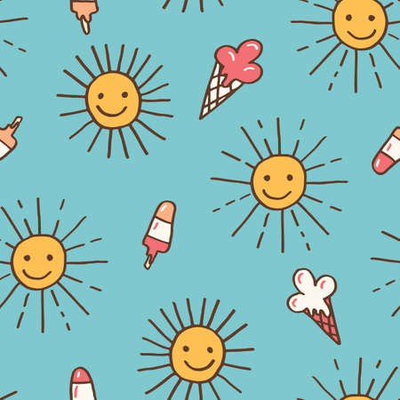 Cute Colorful Hand-Drawn Felt Tip Marker Shining Sun with Beams and Melting Ice Cream Cones on Blue...