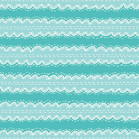 Colorful Aqua Boho Embroidery Needlework Vector Seamless Pattern. Hand Drawn Tribal Scalloped Edge Stitches Ribbon Print. Cute Whimsical Kids Craft Linen Background for Fashion, Textiles, Home Decorの写真素材
