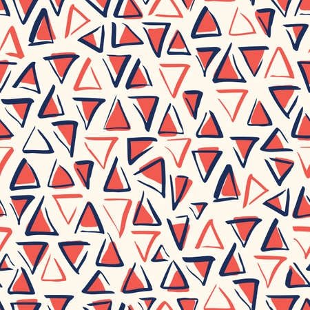 Playful Bule White and Red Geometric Vector Seamless Pattern with Hand-Drawn Triangles. Brush Marker...