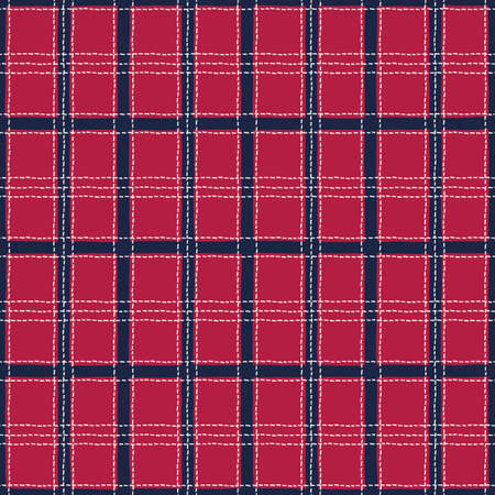Classic Hand-Drawn White, Blue and Red Stitched Plaid Checks Vector Seamless Pattern. Traditional Retro Textile Print Perfect for Fashion, Home decor, Stationeryのイラスト素材