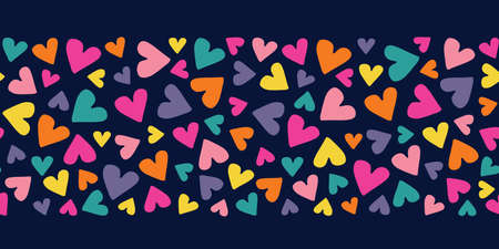 Valentines Day Holiday Simple Hand-Drawn Colorful Ditsy Hearts on Dark Background Vector Seamless Pattern Border. Retro Rainbow Whimsical Print for Fashion, Packaging, Wrapping Paperのイラスト素材
