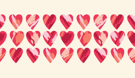 Valentine's Day Holiday Hand-Drawn Trendy Vector Seamless Pattern Border. Pink and Red Brushstrokes...