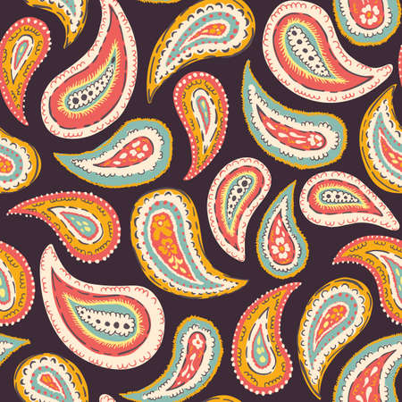 Hand-Drawn Artistic Colorful Paisley Vector Seamless Pattern. Boho Traditional Ethnic Fashion Shawl Print. Painterly Doodle Folk Foulard Texture Backgroundのイラスト素材
