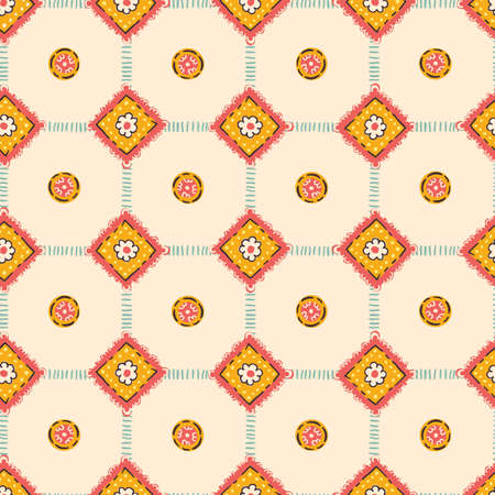 Hand-Drawn Artistic Boho Diamonds and Plaid Pattern Vector Seamless Pattern. Traditional Craft Ethnic Fashion Print. Doodle Folk Stitches Texture Backgroundのイラスト素材