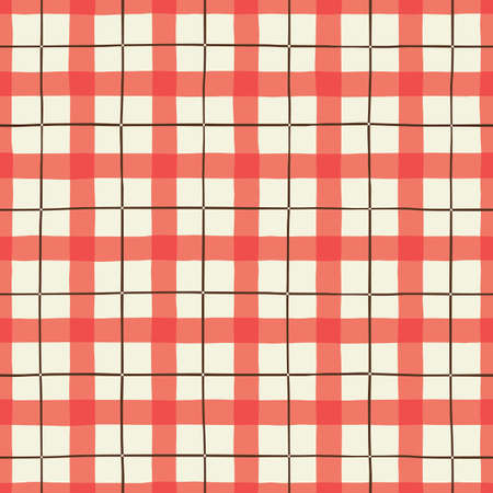 Classic Hand-Drawn Red, White Tartan Plaid Checks Vector Seamless Pattern. Traditional Retro Textile Print Perfect for Fashion, Home decor, Stationeryのイラスト素材