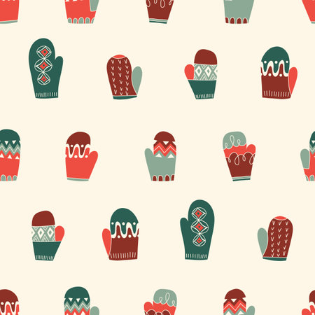 Colorful Retro Knitted MittensVector Seamless Pattern. Hand Daawn Fair Isle Knitwear Graphic Print. Winter Holiday Background. Red and White Christmas Doodle Designのイラスト素材