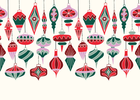 Retro Hanging Baubles Vector Seamless Horizontal Pattern Border. Vintage Winter Holidays Ornaments Background. Festive Mid Century Modern Graphic Printのイラスト素材