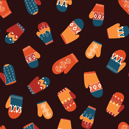 Colorful Retro Knitted Mittens Vector Seamless Pattern. Hand Daawn Fair Isle Knitwear Graphic Print. Autumn Background. Cozy Fall Doodle Designのイラスト素材