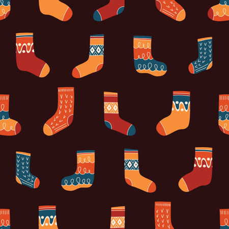 Colorful Retro Knitted Socks Vector Seamless Pattern. Hand Daawn Fair Isle Knitwear Graphic Print. Autumn Background. Cozy Fall Doodle Designのイラスト素材