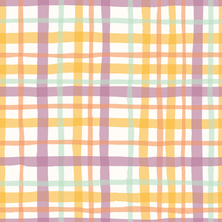 Lavender, Sage and Peach Watercolor Hand-Drawn Messy Plaid Vector Seamless Pattern. Romantic Artistic Cottagecore Checks. Homestead Farmhouse Print. Pastel Summer Graphic Backgroundのイラスト素材