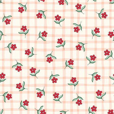 Indian Flowers and Plaid Overlay Vector Seamless Pattern. Cottagecore Chintz Floral Background. Delicate Summer Boho Printのイラスト素材