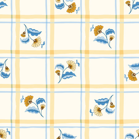 Indian Trailing Flowers and Plaid Vector Seamless Pattern. Cottagecore Chintz Floral on White Background. Delicate Summer Boho Printのイラスト素材