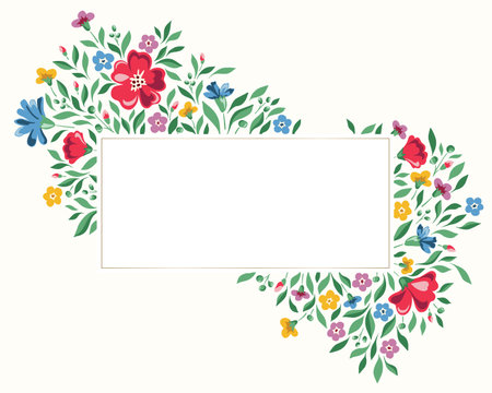 Colorful Chintz Romantic Meadow Wildflowers Vector Rectangular Frame. Cottagecore Garden Flowers and Foliage Wedding Invitation. Homestead Bouquet. Farmhouse Backgroundのイラスト素材